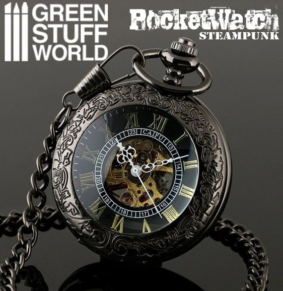 Retro SteamPunk BLACK Pocketwatch - Skeleton Mechanical - Vintage watch *** includes pouch *** by GreenStuffWorld steampunk buy now online