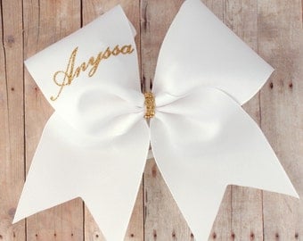 Cheer bows with names, add your name to a bow, personalized cheer bow, white and gold, cheer team bows, Bows for nationals