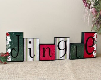 Jingle Wood Blocks Set, Christmas Blocks, Christmas Decor, Jingle Decor, Jingle Home Decor, Holiday Wood Decor, Reversible Blocks Option