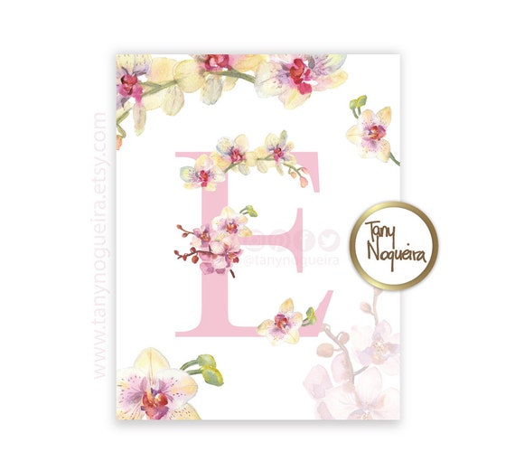 Download Watercolor Letter E with Orchids Printable Print Monogram