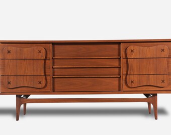 Mid Century Walnut Dresser with Travertine Top by Bassett Furniture