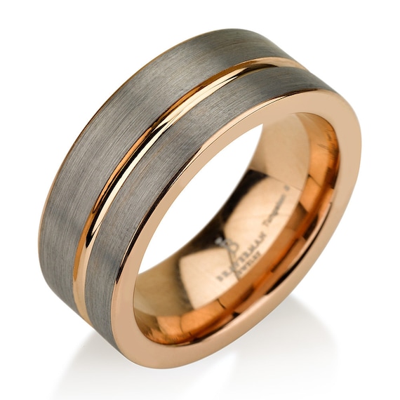 Black Gunmetal Tungsten Ring Rose Gold Wedding Band Ring Tungsten 9mm Tungsten Ring Man Wedding Band Male Women Stripe