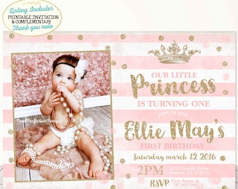 Princess Birthday Invitation Pink Gold Vintage Princess Crown invitation Polka Dot Pink Gold Princess Crown Party Princess 1st Birthday