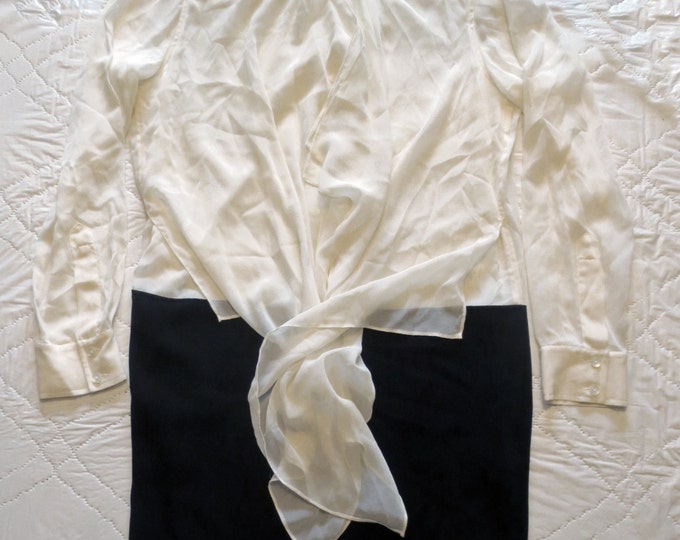 90s DKNY luxurious stretch silk crepe wrap blouson tied knotted bi-color black white secretary dress