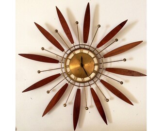 Mid Century Modern Vintage 1960's Brass Walnut Wood Starburst Sunburst Clock