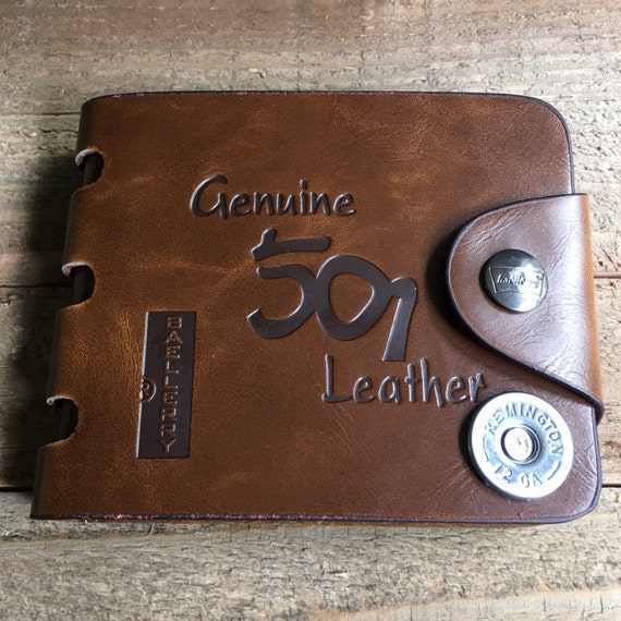 Mens brown trifold wallet nickel remington 12 gauge shell