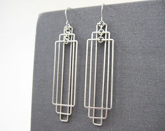 Art Deco Earrings - rectangle earrings, silver geometric jewelry, architecture gifts, modern minimalist wedding - Tiered Rectangles