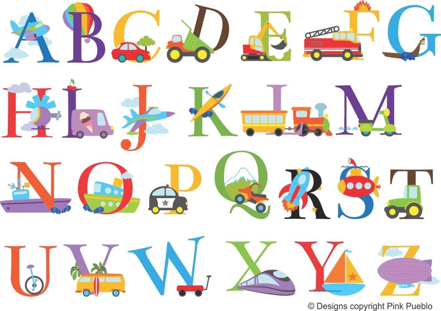 Transport theme alphabet colour vinyl wall stickers nursery