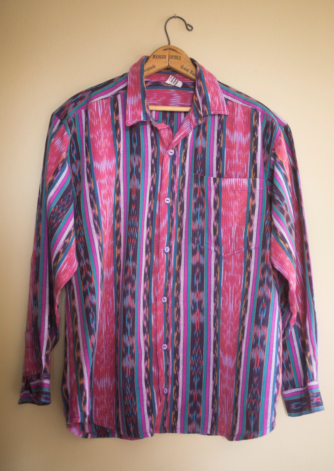 Vintage Guatemalan Cotton Shirt Colorful Ethnic Button Down