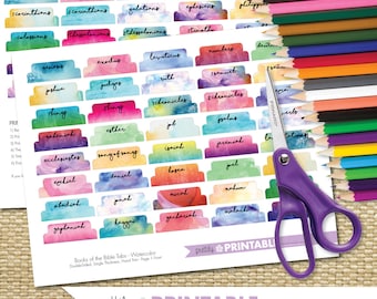 Printable Books of the Bible Tabs - Watercolor (for Hand Trimming) Set of 66