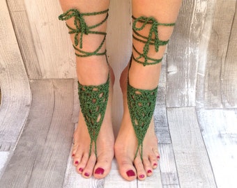 Barefoot sandals, crochet sandals, hippy ,green hippie, barefoot, yoga shoes, hula hooping,festival, cotton, vegan,black beach sandals