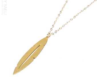 Gift uder 50, feather necklace, Feather pendant, Gold Feather charm, long necklace, goldfilled necklace, everyday necklace, 14K gold