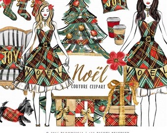 SALE Noel Christmas Clip Art | Illustration Cozy Holiday Tree Gifts Stockings Graphics | Planner Stickers, Planner Girl Digital Cliparts