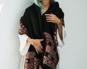 Black Wool Shawl, Embroidered Shawl, Tribal Indian Shawl, Pure Wool Shawl Scarf, Winter Shawl By Hanamer