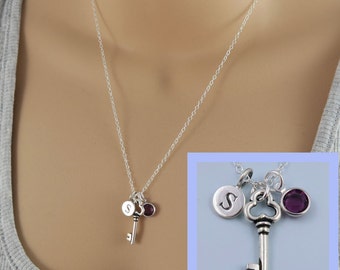 Silver Key Necklace Personalized Birthstone And Initial, Silver Key Pendant Sterling Silver Chain, Graduation Gift, Birthstone Jewelry
