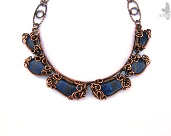 Lapis lazuli Wire wrapped necklace OOAK Natural stone Copper wire necklace Luxurious Blue necklace Gemstone Boho jewelry Gift-for-woman