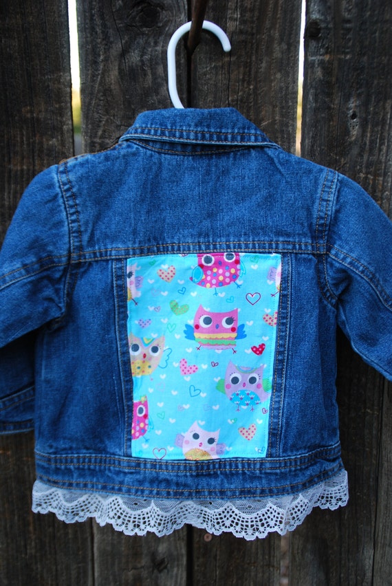 Repurposed Denim Jacket with Lace & Owl Fabric Panel Girls