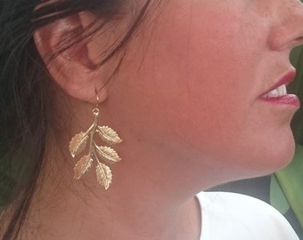 Gold Leaf Earrings Bridal Earrings Dangle Earrings Grecian Earrings Leaf Jewelry Wedding Jewelry Woodland Wedding Earrings