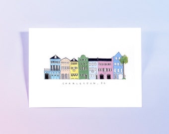 Rainbow Row - Charleston, South Carolina - Illustrated Watercolor Print - 9x12"