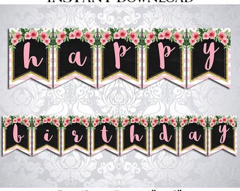 50% OFF SALE Printable Happy Birthday Banner / Pink and White Stripes / Floral Watercolor / Pink Gold / Watercolor / Instant Download / PDF