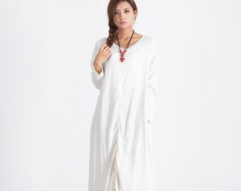 Women's Long maxi dress linen pullover Loose Kaftan dress scoop neck caftan plus size clothing large size dress Custom-made A111