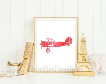 Vintage Airplane Red Watercolor Wall Art Printable. Airplane Printable For Boys Room Wall Art.