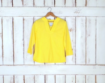 90s yellow cotton tunic shirt/vneck yellow top/4