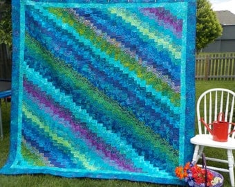 Queen size Quilt, King size Quilt, Blue,Green, Purple Batik Quilt, 98" x 99" Quilt, Blue Lagoon