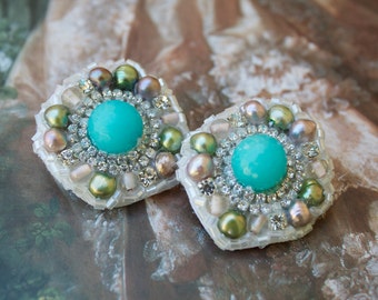 Glittering Aqua Agate Stone, Freshwater Pearl Statement Earrings; Marie Antoinette Earrings; Pastel Rococo Earrings; costume earrings