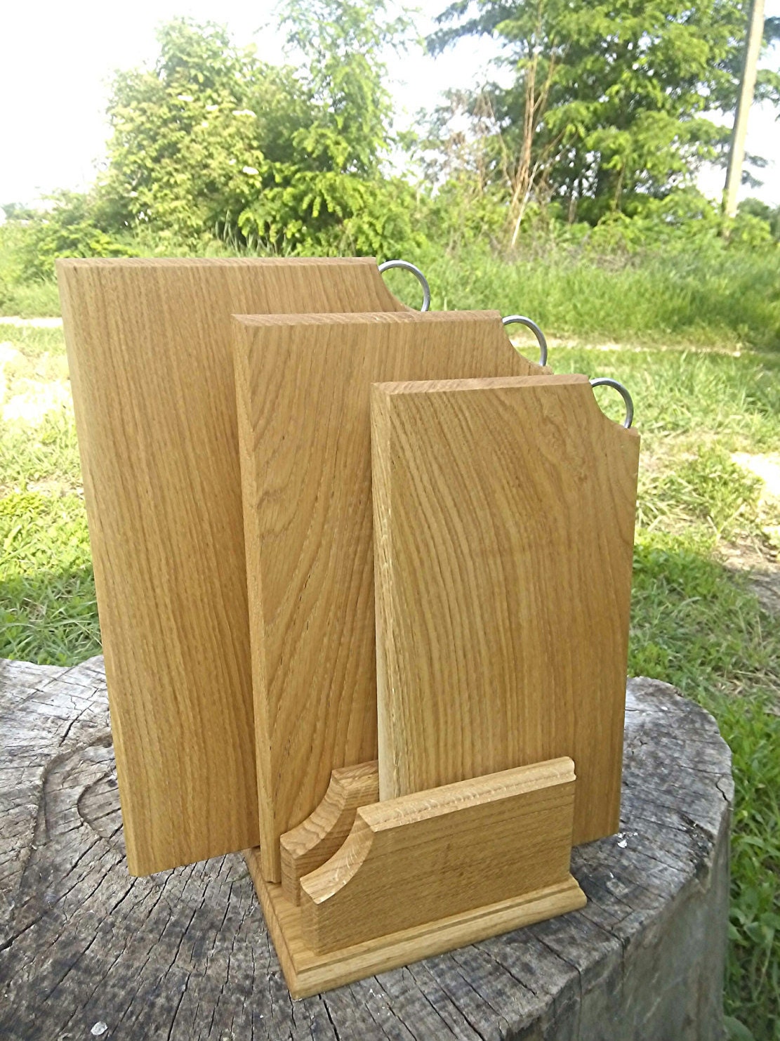 Three Cutting Board Set with Stand Modern Custom Oak Cutting