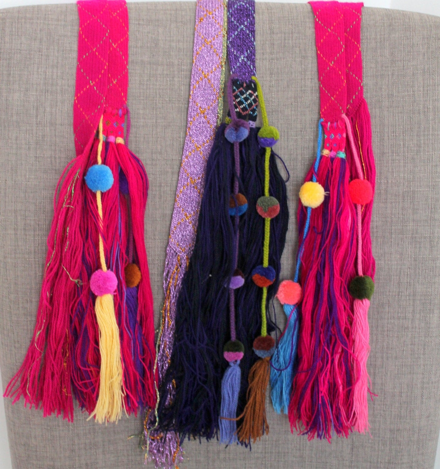 Multicolored pom poms tassels pendant / colorful mexican