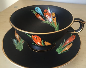 Atlas China Matte Black Vintage Teacup and Saucer, Red Orange Yellow Blue Crocus Flower Tea Cup and Saucer, English Grimwades Stoke On Trent