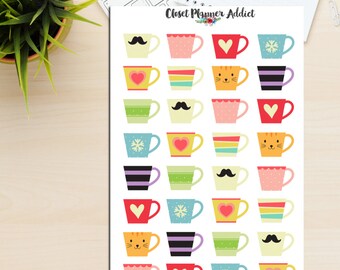 Cute Coffee Mugs Planner Stickers | Tea Mugs | Hot Chocolate | Coffee Time | Tea Time (S-109)