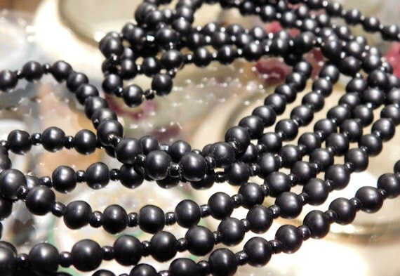 Matte Black Onyx Beads Beaded Necklace Mourning Jewelry Art Deco 1920s 20s Antique Flapper Necklace Jasper Stone 54" Rope Length Hand Strung
