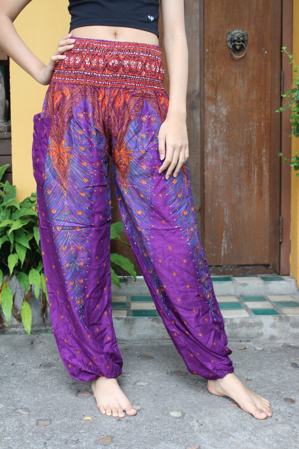 Hippie Pants Boho Clothing Peacock Design Purple women