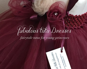 Deep Rich Burgundy tulle tutu flower girl dress with handmade tulle flowers.