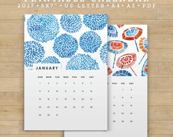 Printable 2017 Calendar, Watercolor Calendar Planner 2017 PDF, A4 UsLetter A5 Calendar Printable Wall Calendar, Modern 2017 Instant Download