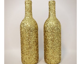 Set of two gold glitter wine bottles, wedding decor, home decor, party decor, gold decor, glitter decor, wine bottle decor, gift