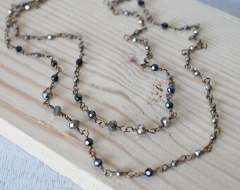 Long beaded necklace, small bead necklace, rosary style necklace, silver bead necklace, delicate bead necklace, sexy necklace, long necklace