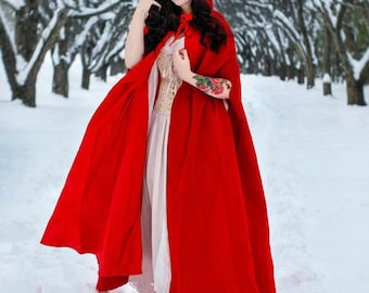 Hooded cloak, cloak with hood, red cloak, velvet cloak, Red Riding Hood cloak, medieval cloak (polyester)