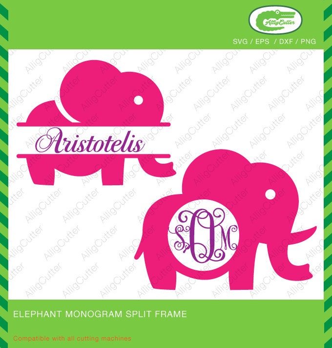 Elephant Monogram Split frame SVG DXF PNG eps animal Cut Files