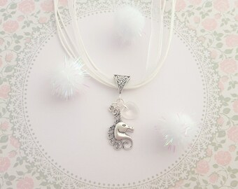Unicorn Necklace, Kids Jewelry, Organza Necklace, Unicorn Jewelry, Children's Fashion, White Necklace, Fantasy Charm, Fairytale Necklace