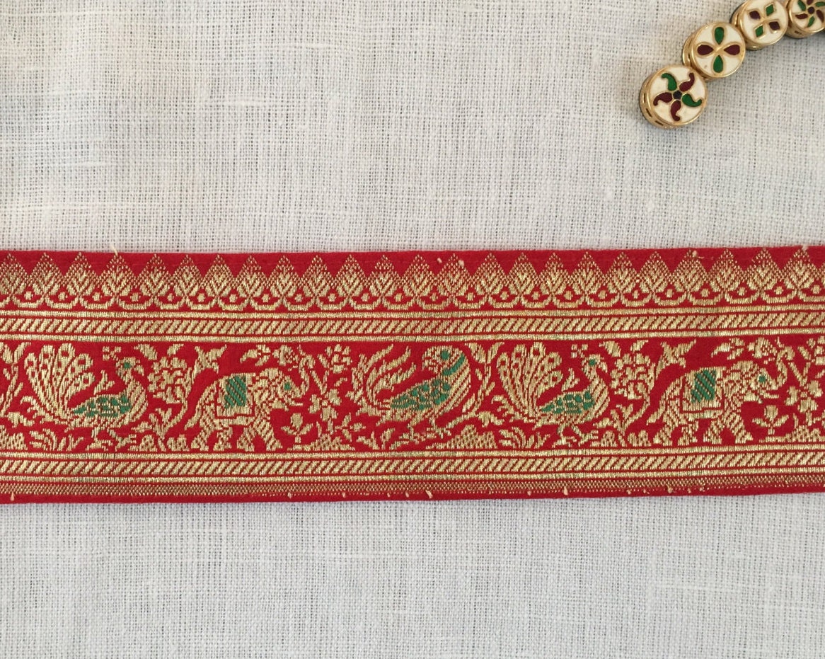 Red Gold Brocade Banarasi Border Indian Trim Peacock Parrot