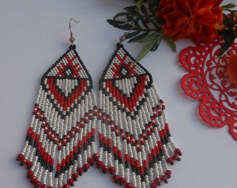Native American Beaded earrings Boho earrings Fringe earrings Beadwork jewelry Ethnic style long earrings Ukrainian Wide rings