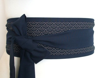 Obi belt indigo dark navy blue traditional Japanese seigaiha waves sashiko pattern fabric - kimono yukata dress robe sash with ties
