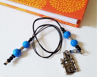 Castle Beaded Bookmark/ Blue And Silver/ Glass And Metal Beaded Cord With Metal Charm/ Handmade Fairytale Book Thong/ Journal Marker