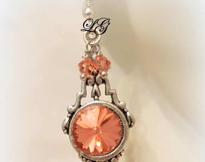 Swarovski Crystal Rose Peach Art Deco Drop Earrings- Silver Earrings