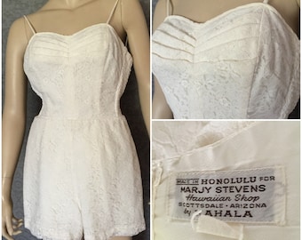WOW ! 1950s White Lace Hawaiian Sunsuit, Romper, Swimsuit, Bathing Suit by Kahala, Tiki Oasis