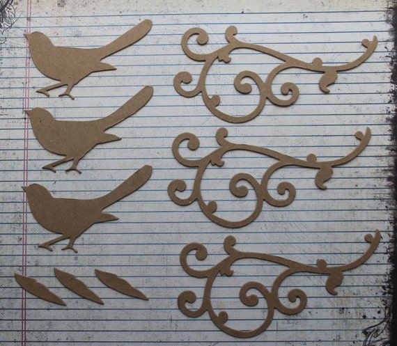 3 Bare chipboard Bird w/separate wing & Long Flourish diecuts