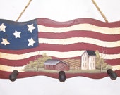 Americana Flag Key Holder Peg Board Sign Hand Painted Primitive Folk Art Patriotic Saltbox Farm Wall Decor Red White and Blue
